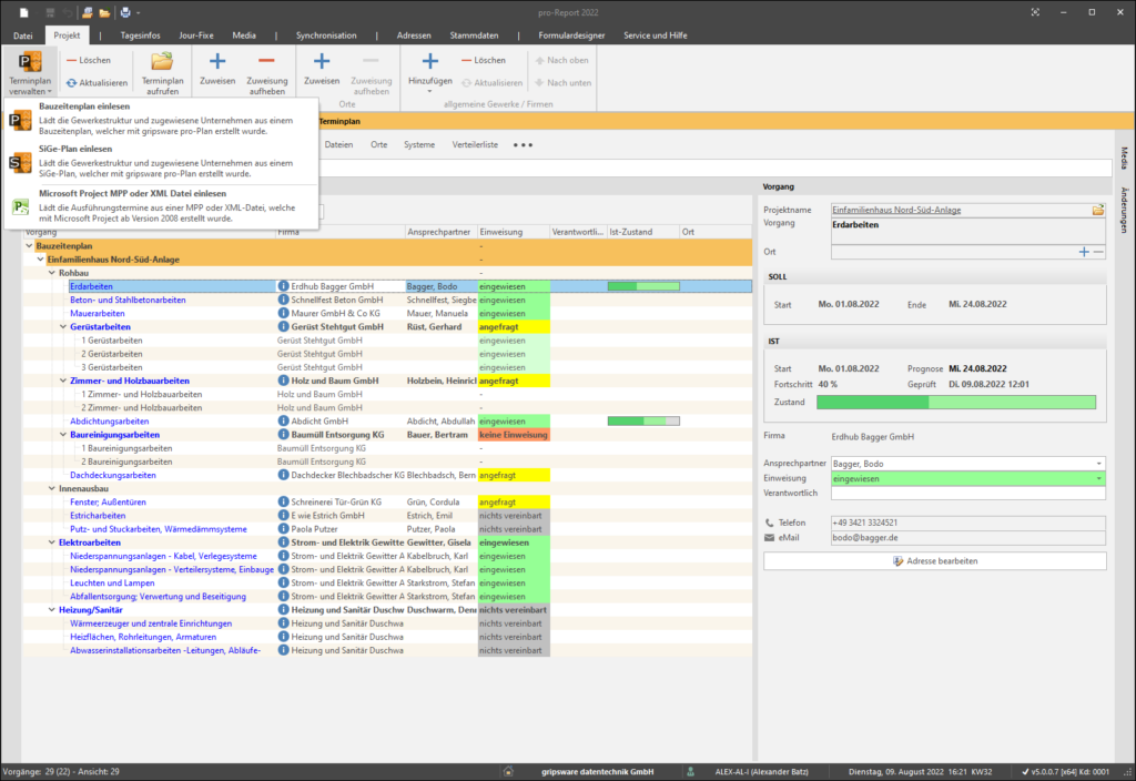 Bau Tagesbericht Vorlagen im pro-Report bearbeiten | Gripsware